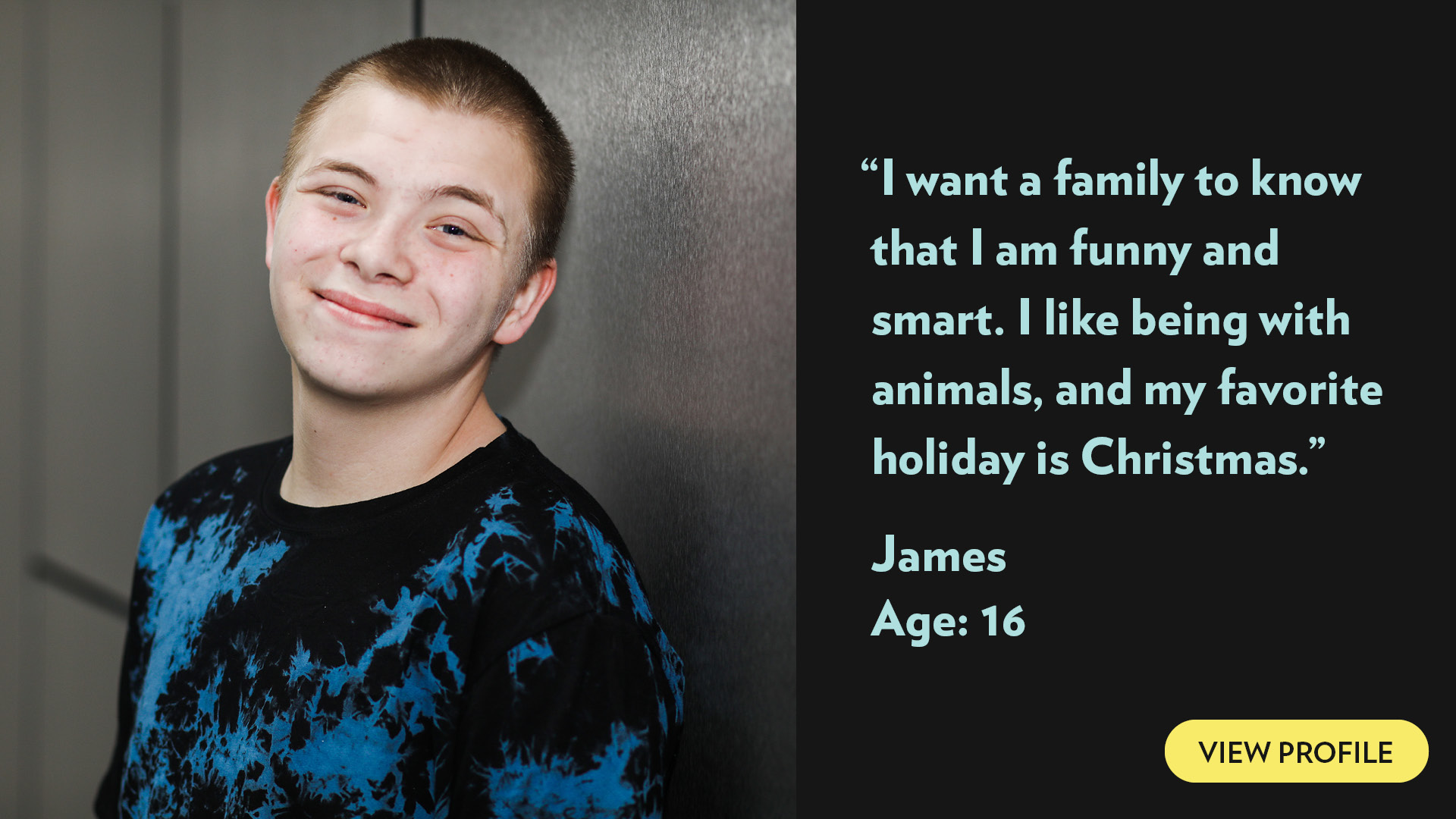 I want a family to know that I am funny and smart. I like being with animals, and my favorite holiday is Christmas. James, age 15. View profile.